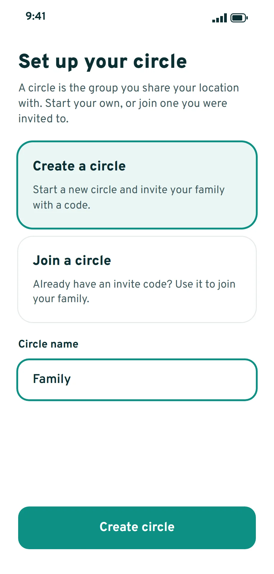 NextLocator screen to create a circle or join one, with a circle name field