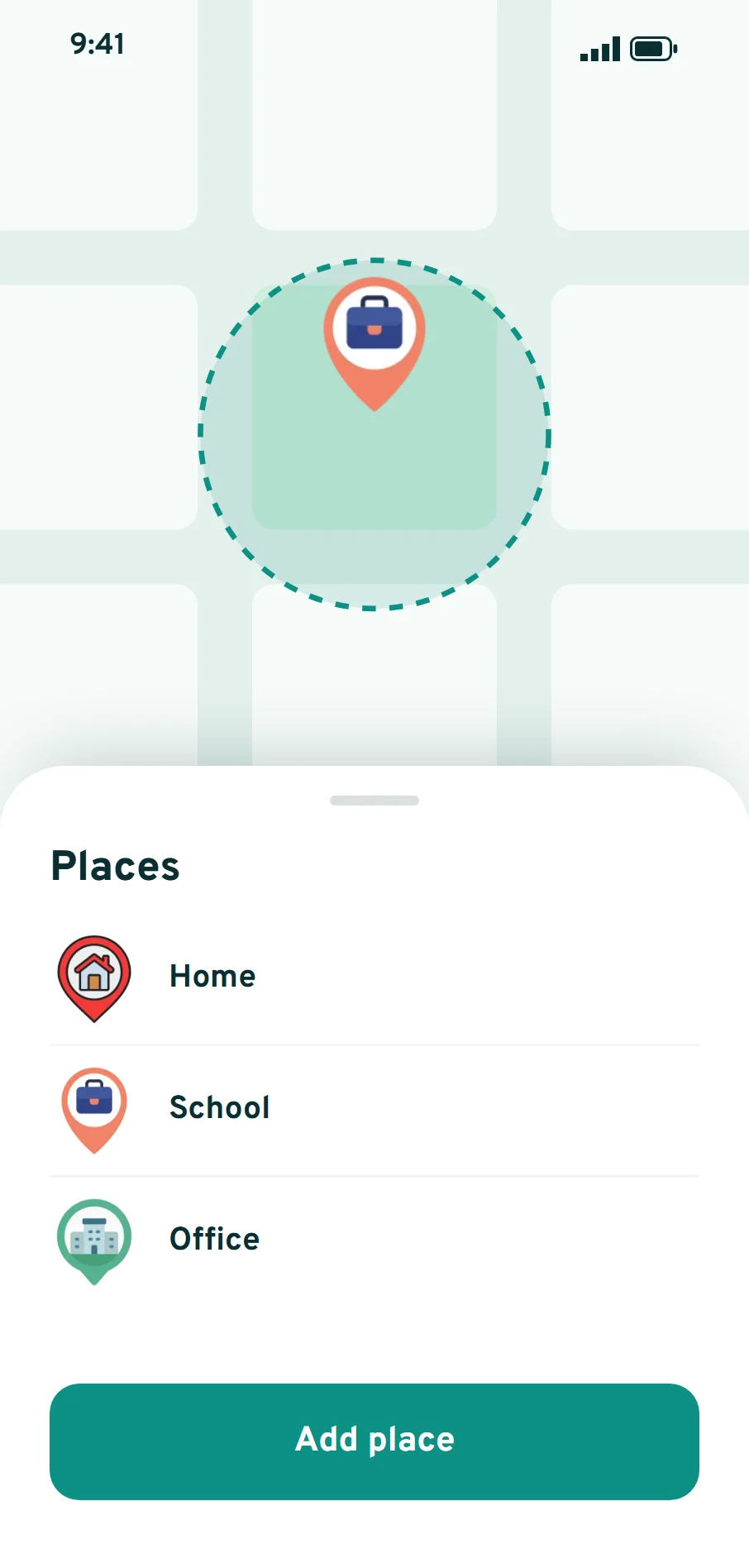 NextLocator places screen with a saved school place on the map and a list of places